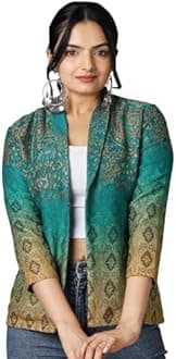 Fabcurate Cultural Charm Ethnic Jacket for Women Teal Blue | Shawl Collar with 3/4 Sleeves Pashmina Jacket for Ladies | Fashionable Casual Wear