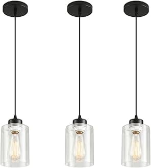 Pendant Light Fixture, 3 Pack Hanging Ceiling Lamp with Clear Glass Shade, Adjustable, Kitchen and Dining Room, Black, 30 x 15 x 22 cm