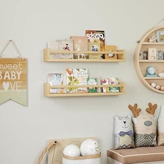 Onlysky Set of 4 Wall-Mounted Kid's Bookshelf - Wood Floating Nursery Book Shelves - Durable Wood Construction - Ideal for Nursery Decor, Kids Room, Toy Storage