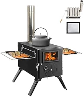 Portable Wood Burning Stove for Camping, Stainless Steel Chimney Pipe, Outdoor Heating & Cooking Hot Tent Stove for Hunting, Ice Fishing & Backpacking