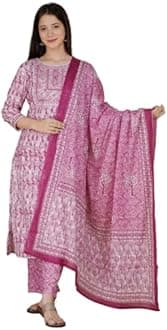 MEERA FAB Women's Cotton Printed Printed Straight Embroidery Kurta with Palazzo & Dupatta Set