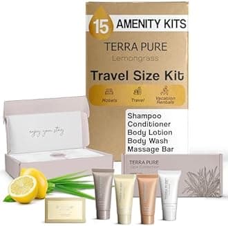 Terra Pure Spa Collection Amenity Kit | Hotel Bulk Toiletries | 0.85 oz Shampoo, Conditioner, Lotion, Body Wash, Massage Bar for Guest Hospitality Vacation Rentals | 15 Sets/Case