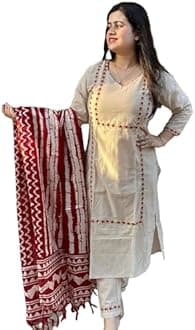 GoSriKi Women's Cotton Blend Straight Embroidered Kurta with Pant & Dupatta