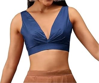 Fashnkart Readymade Indian Bollywood Satin Silk Saree Blouse Women's Solid Plain Top Sleeveless, V-Neckline Sari Choli