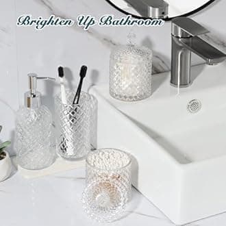 RYTOXILO Bathroom Accessories Set, 4 Pack Clear Glass Bath Accessory Sets Complete, Diamond Soap Dispenser and Toothbrush Holder Set for Bathroom Counter Sink, Boho Modern Bathroom Decor