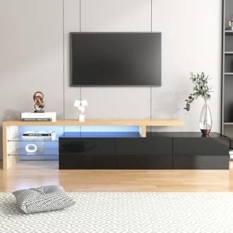 BTM TV Stand Cabinet, TV Stand LED with 7 Colors Lighting, High-gloss Black TV Unit with Practical Storage & Glass Shelves, 200x39x42cm