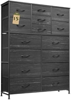 WLIVE Tall Dresser for Bedroom Furniture, Fabric Dressers Storage Tower with 15 Deep Drawers, Chest of Drawers Organizer Unit, Dresser for Closet, Hallway, Entryway, Charcoal Black Wood Grain Print