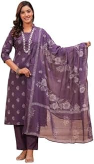 MANHAREE | Women's Cotton Printed Straight Kurta with Pant & Dupatta Set