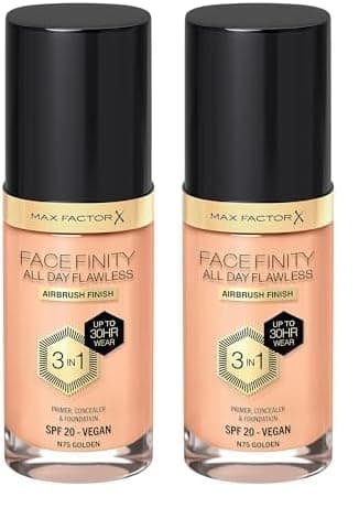 Max Factor Facefinity All Day Flawless 3 in 1 Liquid Foundation, Lightweight Oil Free Formula with SPF 20, 075 Golden, 30 ml (Pack of 2)