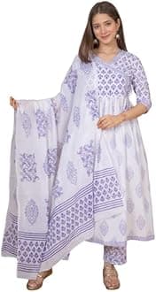 MEERA FAB Women's Cotton Printed White Anarkali Kurta with Palazzo & Dupatta Set