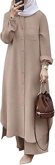 Women's Muslim 2 Pieces Sets Long Sleeve Button Down Shirt and Pants Abaya Casual Dress Dubai Outfits