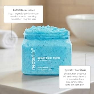 Nectar Life Exfoliating Sugar Scrub, Moisturizing Body Scrub with Coconut Oil & Shea Butter, Pre Shave Exfoliator (16 Ounce, Ocean Breeze)