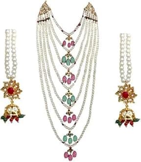 Bridal Hyderabadi Red/Green Ruby Satlada Long Princess Necklace with Jhumka Earrings in Cultured Pearls and Simulated Ruby Emerald beads for Womens & Girls
