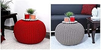 Bezzilish Home Pouf for Living Room Sitting Round Ottoman Bean Filled Stool for Foot Rest Home Furniture Rope Twisted Grey and Red Bean Bag - (Pack of 2)