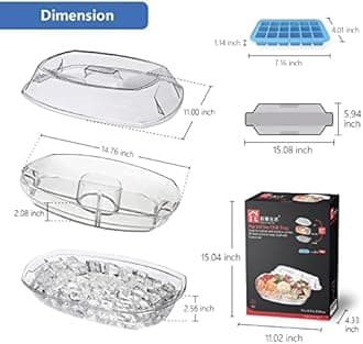 INNOVATIVE LIFE Appetizer Serving Tray on Ice, 15 Inch Party Platter with 4 Ice Cube Tray, Kitchen Chilled Food Bowl with Compartment and Lids for Shrimp, Fruits, Vegetables, Salads, Sushi, Clear