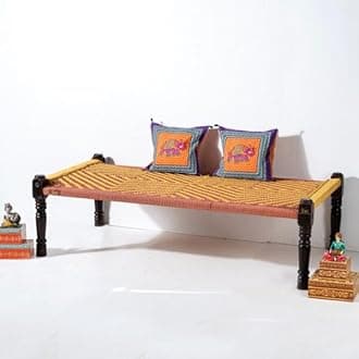 Rajasthani Wooden Khatiya Khaat | Traditional Handcrafted Wooden Charpai Bed | 6x3 Feet | Solid Wood Frame with Durable Cotton Ropes for Home, Garden, or Outdoor Use (Orange Yellow)