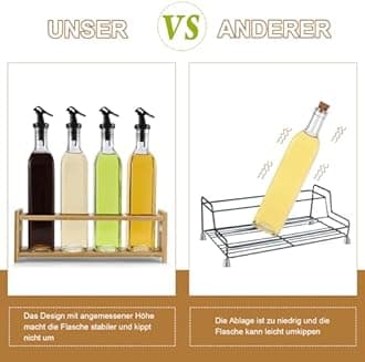 Vinegar and Oil Bottle Set (4 x 500 ml), Oil and Vinegar Dispenser with Wooden Stand, Oil Bottle with Spout, Dispenser Bottle, Oil Bottle with Label and Cork