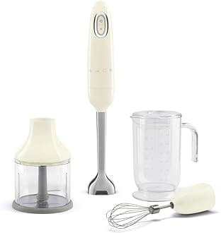 Handheld Immersion Blender with Beaker, Chopping Bowl w/Lid, Wire Whisk, 5 Speed Controls, made with Stainless Steel Blades and Ergonomic Design (Cream)