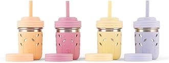 Elk and Friends Stainless Steel Cups | 10 oz Mason Jar design | Kids & Toddler Cups with Silicone Sleeves & Straws with Stopper | Smoothie Cups