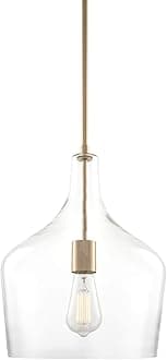 Lucy 16" Modern Pendant Light + Transparent Glass Vase Shade, Adjustable Hanging Height, Cold Brass Finish
