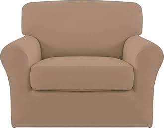 2 Pieces Microfiber Stretch Chair Slipcover – Spandex Soft Fitted Sofa Couch Cover Washable Furniture Protector with Elastic Bottom Kids Pet Camel