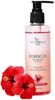 Shemade Hibiscus Shampoo for Hair Growth & Dandruff Control – Anti-Hair Fall, Split End Prevention, Anti-Greying, Sulfate-Free, Paraben-Free, with Tulsi, Neem, Vitamin E & Glycerine – 300ml