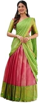 ZITONZETONWomen's KanjiVaram Silk Pure Zari Weaving Lehenga Choli Beautiful Checks Design with Dupatta Blouse (PINK GREEN) (Unstitched)