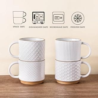 GBHOME 12OZ Stackable Coffee Mugs, Ceramic Coffee Mugs with Texture Patterns for Man,Woman,Dad,Mom, Modern Coffee Mugs Set of 4 for Latte/Cappuccino/Cocoa. Dishwasher&Microwave Safe, Off White