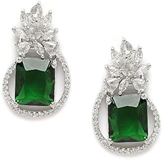 ZENEME Rhodium-Plated American Diamond studded Paisley Shaped Studs Earrings For Women & Girls