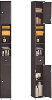 Bathroom Narrow Storage Cabinet, Skinny Tall Unit with Adjustable Shelves Slender Anti-Tipping Floor Standing Cupboard, Brown BZR34-BR