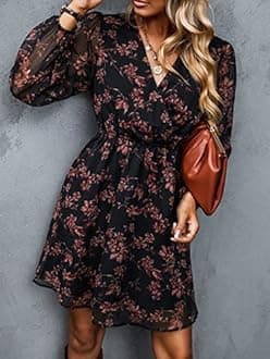 CUPSHE Women's Mini Dresses Casual Spring V Neck Chiffon Long Peasant Sleeves Flowy Spring Dress