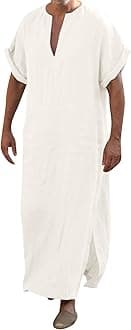 Kaftan Thobe Mens Short Sleeve V-Neck Linen Robe Big and Tall Muslim Robe Casual Loose Lightweight Long Sleeping Gown