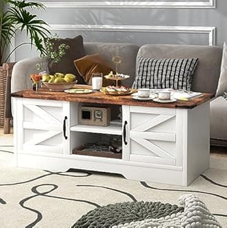 oneinmilCoffee Table with Barn Doors, Farmhouse Center Table with Storage, Modern Rustic Style Wooden Living Room Table, White