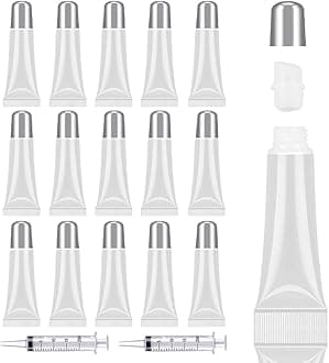AMORIX 50pcs Matte Silver Lip Gloss Tubes 10ml Empty Cosmetic Squeeze Tubes for Lip Gloss Base Glitter with 2 x Syringes + 28pcs Tag Labels Stickers