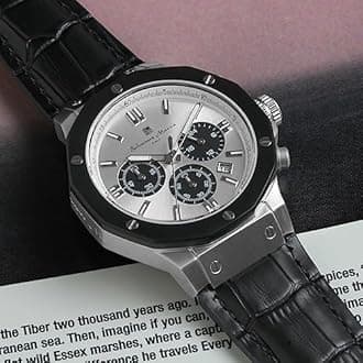 Salvatore Mara SM18117-SSWHBK Men's Chronograph Wristwatch, Water Resistant to 10 ATM, Leather Strap, Business, 20th Anniversary, Limited Edition, Silver, White & Black, Panda, Silver, Classic