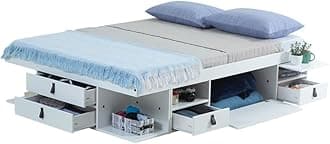 Storage Bed Bali Special Double (140x190 cm) White - Double bed frame with drawers and shelves, ideal for small bedrooms - Sturdy storage platform bed of MDF lacquered - Incl. slatted frame