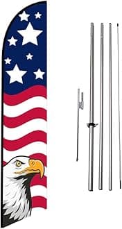 American Glory Eagle Feather Banner Swooper Flag Sign with 15 foot Flag Pole Kit and Ground Stake, Stars On Top, USA (Patriotic American Eagle Flag with Pole Kit)