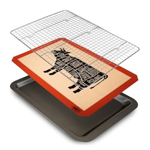 Trinity Provisions Meat Resting Pan - With Wire Rack and Silicone Baking Mat - Dishwasher and Oven Safe Stainless Steel, for Cooking and Cooling Steak, BBQ, Bacon, & More