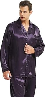 Mens Satin Long Button-Down Pajamas Set, S M L XL 2XL 3XL 4XL