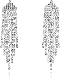 Luxval Rhinestone Earrings Dangling for Women Sparkly Silver Dangle Earrings Girls Long Chandelier Earrings Tassel Lightweight Ear Studs Cubic Zirconia Crystal Statement