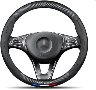 Custom-Fit Car Steering Wheel Cover Compatible with Mercedes-Benz Car. Premium Stylish Nappa Leather Carbon Fiber Texture Protector, Non-Slip, Mercedes Benz Compatible Accessories (Black)37 cm to 38cm