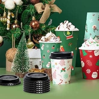 Fit Meal Prep 50 Pack 16 oz Christmas Disposable Coffee Cups with Lids, Premium To Go Paper Cups, Leak Proof Hot Coffee Cups with Lids for Travel, Office, Hot/Cold Beverages (Black Lids)