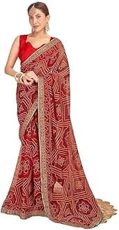 Women's Georgette Bandhani Printed Sequence Embroidery Lace Saree With Unstitched Blouse Piece
