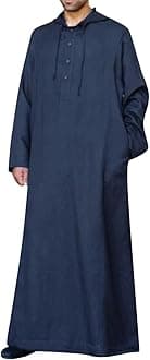 Muslim Hooded Kaftans for Men Linen Robe Long Sleeve Button Down Long Gown Drawstring Shirts Thobe with Pockets