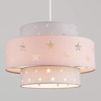 Childrens Lampshade Shades Projects Star Pattern Easy Fit Pendants Lamp Shade Kids Bedroom Playroom Toy Room Child Space (Grey with Light Pink Band)