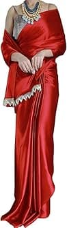 Women's Satin Silk Solid Plain Saree Shiv Shakti Red
