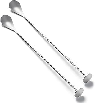 BRIOUT 2 Pcs Bar Spoon, 12 Inches Long Handle Drink Stirrer, Stainless Steel Bar Cocktail Mixing Spoons with Round Base for Stirring, Silver