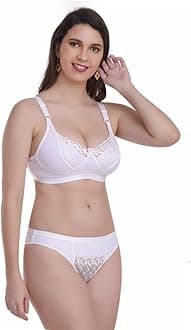 Women Non Padded Cotton Apple Net Self Design Bra Panty Set Lingerie Set-(White) (34)