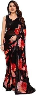 Women's Party Wear Georgette Printed Border Ready To Wear Saree With Unstiched Blouse Piece