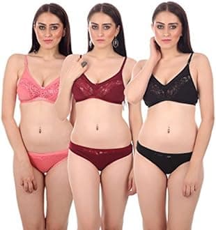 Multicolor Women Cotton Bra Panty Set for Women Lingerie Set Bra Panty Set for Women with Sexy Bra Panty Set for Women Innerwear Pack of 3 Sets